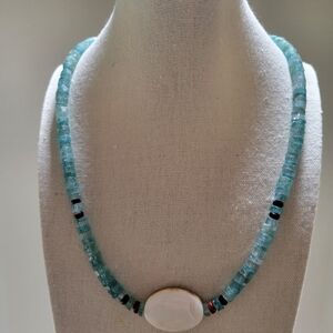 Sparkly Aquamarine Heishi Apatite Gemstone Necklace with Spiny Oyster